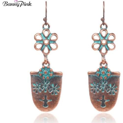 Banny Pink Bohemia Flower Statement Dangle Earrings For Women Ethnic Geo Pendant Drop Earrings Brass/ Copper Color Earrings