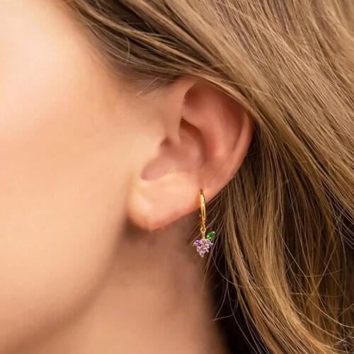 Cute Fruit zircon Earring New Summer Gold Filled CZ Fruit Grape Charm Hoop Earrings Girls Cute Small Hoop Jewelry BFF