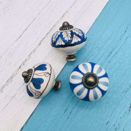 Blue Floral Hand Painted Kitchen Cabinet Handles Unique Cupboard Ceramic Knob For Antique Furniture Drawer Knobs Kitchen Handles