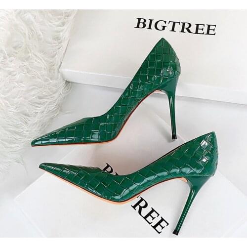 BIGTREE Shoes Woven Pattern Woman Pumps Patent Leather Pumps Shoes Women High Heels Lady Stiletto Sexy Party Shoes Plus Size 43
