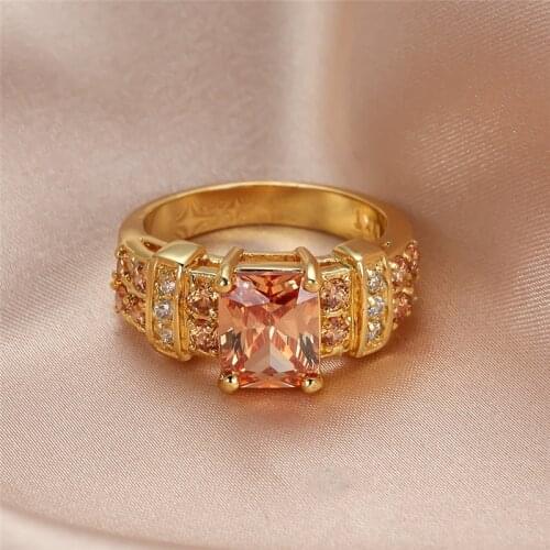 Vintage Female Champagne Square Zircon Stone Engagement Ring Charm Gold Color Big Wedding Rings For Women Luxury Crystal Jewelry