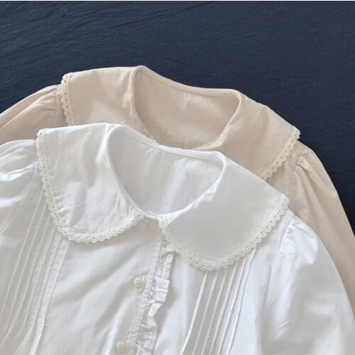 Lamtrip Brief Peter Pan Collar Lace Patchwork Romantic Lady Cotton Pleated Shirt Blouse