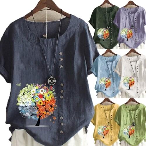 Womens Casual Tree Printed Linen Tops Round Neck Short Sleeved Plus Size T-Shirt Loose Graphic Blouse