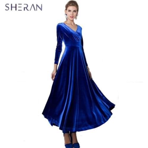 SHERAN Winter Women Plus Size Velvet Dress Long Sleeve Maxi Dress Evening Party Vintage Clothing Tunics Robes Womens Dresses