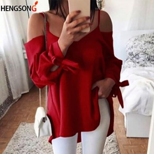New Women Sexy Sling Off Shoulder Blouse Casual Loose Solid Color Bandage Blouses Women Tops Female Blusa Long Sleeve Shirt