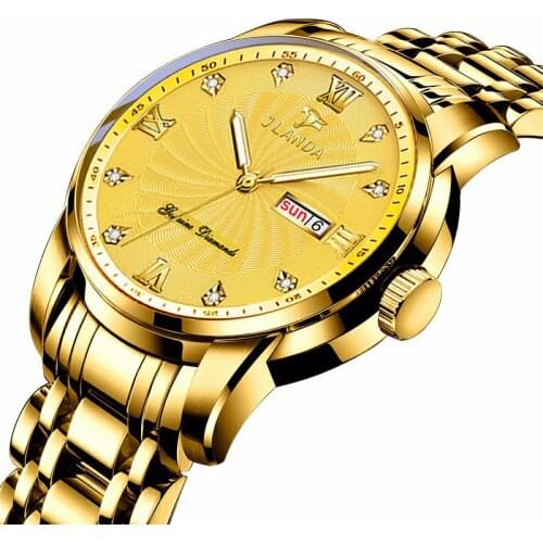 Relogio Masculino JLANDA Gold Men Watch Waterproof Stainless Steel Date Week Quartz Watches Mens Luxury Business Dress Clock