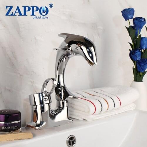 ZAPPO Chrome Bathroom Faucet Dolphin Shaped Single Handle Basin Mixer Deck Mounted Tap Hot and Cold Water Mixer Faucets