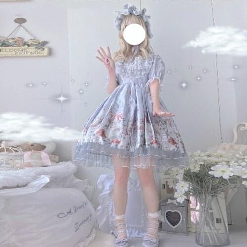 Kawaii Girl Lolita Fairy Dress 2021 Summer Japanese Sweet Cute Puffy Short Sleeves OF Dresses Women Lace Bow Loose Female Lolita