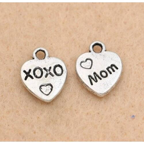 KJjewel Tibetan Silver Plated Kiss Love Mom Heart Charms Pendants for Earrings Bracelets Jewelry Making DIY Accessories 12mm