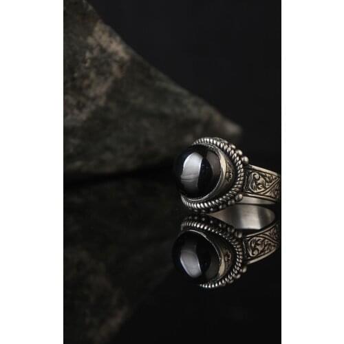 Black Zircon 925 Silver Engraved Traditional Handmade Turkish Signet Ring Jewelry Gift for Women Men