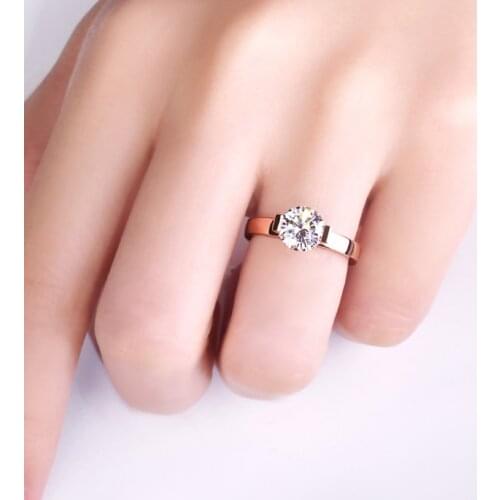 316L Stainless Steel New Fashion Upscale Jewelry 1 Carat Rose Gold Color Zircon Lovers Wedding Bride Rings For Women Ladies Gift