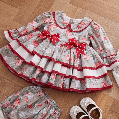 2PCS Baby Girl Autumn Summer Long Sleeve Red Floral Vintage Spanish Lolita Princess Ball Gown Dress for Girl Chritmas Party