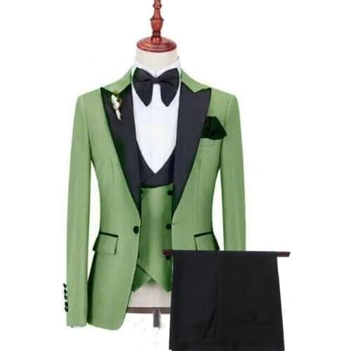 Handsome One Button Mint Green Groomsmen Peaked Lapel Groom Tuxedos Men Suits Wedding/Prom Best Man Blazer ( Jacket+Pants+Vest)