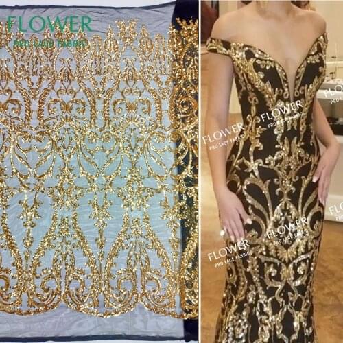 Gold Sequins And Black Mesh Lace Fabric African Nigerian Noble Women Wedding Dress Lace Material 2019 New Design Sequined Fabric