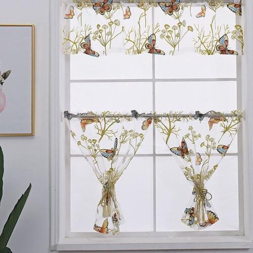 Lychee 3pcs Butterfly Printed Window Short Tulle Curtains Organza Voile Curtain for Living Room Modern Window Curtains