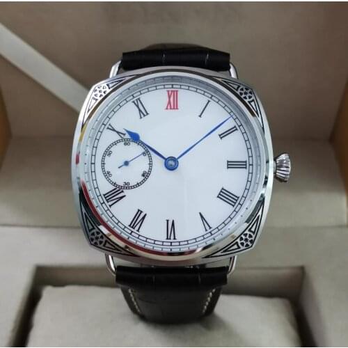 GEERVO No logo 47mm 316L stainless steel carving pattern Watch case Blue hand Manual mechanical mens Watch ST3600 movement