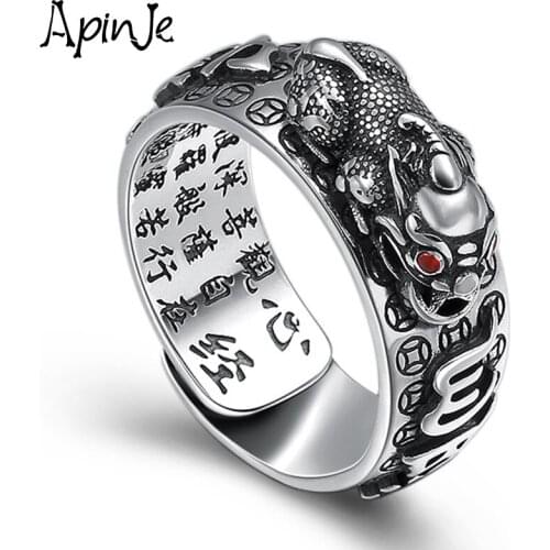 Apinje Thai Silver 925 Sterling Silver Open Ring for Men And Women Six Words Mantras Pi Xiu Heart Sutra Adjustable Fashion Rings
