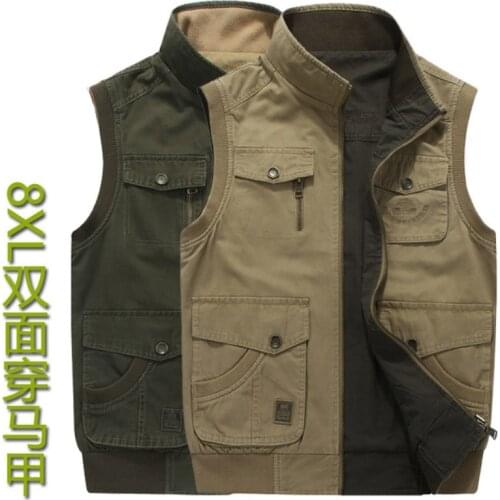 Double Wear Plus Size 6XL 7XL 8XL Mens Vests Sleeveless Jacket Cotton Casual Multi Pocket Vest Men Waistcoat Coat