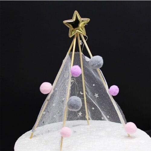 Pink Castle Girl Bow Yarn Tent Star Cake Decoration Tool Girls Happy Birthday Cake Topper Kid Party Supplies Pink Love Gifts
