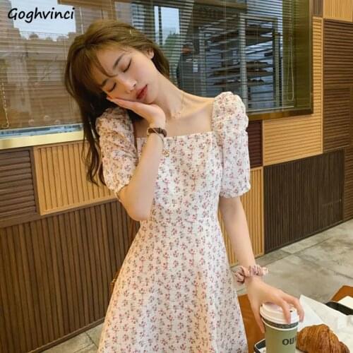 Dress Women Summer New Puff Sleeve High Waist Fashion Vintage French Style Floral Sundress Holiday College Elegant Lady Vestido