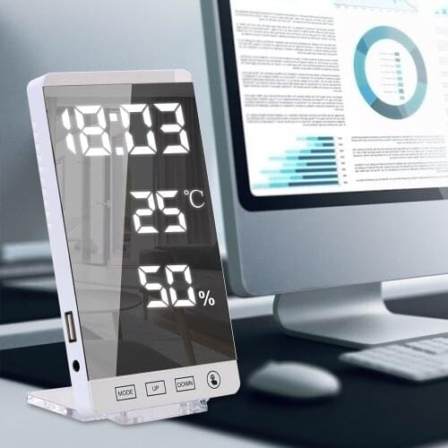 LED Mirror Alarm Clock Touch Button Wall Digital Clock USB Output Port Table Clock 6 Inch Time Temperature Humidity Display