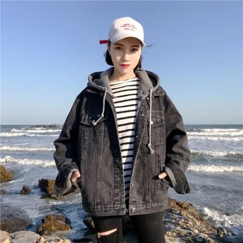 Hoodie Jean Jacket 2019 Women Autumn Denim Coat Hooded Outerwear Coats Windbreaker Basic Bf Female Jeans Baggy Jackets AA4986