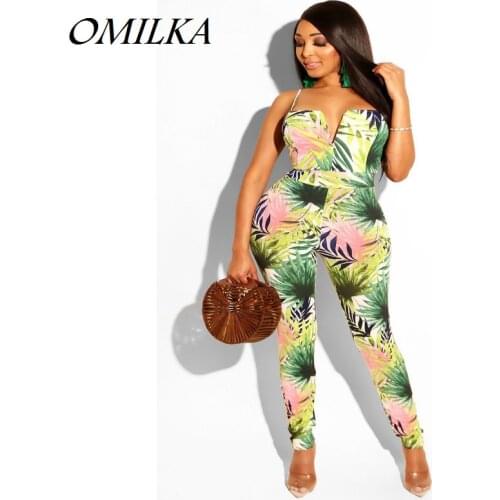 OMILKA 2019 Summer Women Spaghetti Strap V Neck Floral Printed Backless Bodycon Rompers and Jumpsuits Sexy Club Beach Overalls