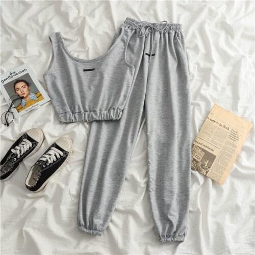 2021 Summer New Womens Short Sling Vest Korean Fashion Style Casual Crop Tops Capris Two Piece Set Tracksuit Women Pencil Pants