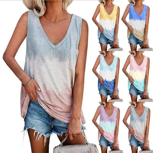 Womens Loose Fashion Printed Vest T-shirt Tops Ladies Pocket Decoration Tie-dye Stripes Colorful Sleeveless Vest T-shirt Cool