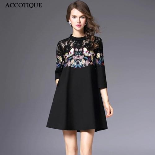 High Quality Womens Spring Autumn Butterfly Print Short Dress Lady Black Lace Embroidery Elegant Plus Size Slim A-line Dresses