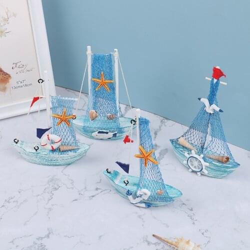 1PCS Mediterranean Style Marine Nautical Wooden Blue Sailing Boat Ship Wood Crafts Ornaments Party Home Decoration