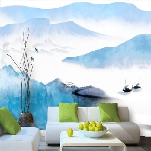 3D Photo Custom Wallpaper Living Room Chinese Abstract Ink Mountain Bird Boat Mural Home Decor Wallpaper Sofa TV Background