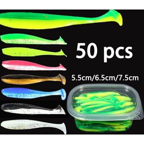50 pcs 5.5/6.5/7.5 cm fishing bait T-tailed soft bait boxed with coiled maggot soft worm false bait fishing lure set