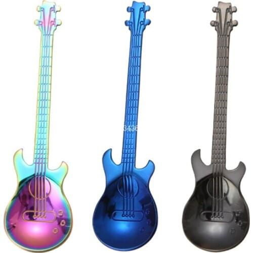 50pcs Guitar Shape Spoons Tea Scoop Stainless Steel Rainbow Coffee Mixing Spoon Drink Tea Spoon Free Shipping