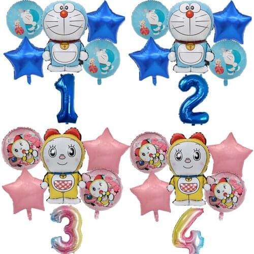 6pcs Doraemon Foil Balloons Cartoon Jingle Cat Air Ballons Happy Birthday Party Decoration Supplies Kids Balon Boys Girls Toys