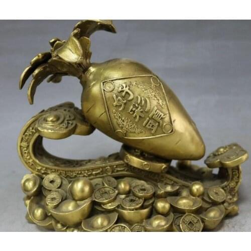 8" Chinese Pure Bronze Wealth Yuan Bao Money Radish Wishful Ruyi Ru Yi Statue
