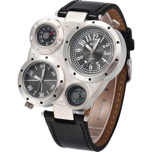 Brand OULM Sports Style Big Face Watches Men Outdoor Compass Dual Time Zone Leather Quartz Watch Cheap Montre Homme Boussole