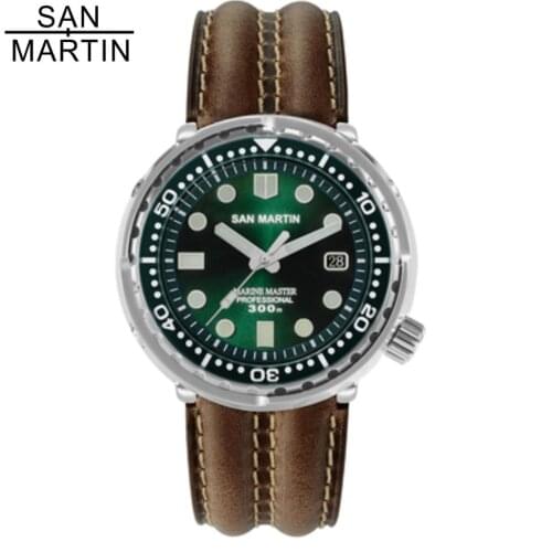 San Martin 300m Tuna SBBN015 Stainless Steel Dive Men Watches Sapphire Sunray Dial Leather Strap Automatic Mechanical Wristwatch