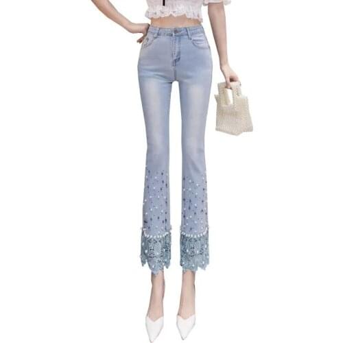 Spring Autumn New High Waist Denim Pants Women New Wide leg Pants Female Beaded Lace Splicing Cowboy Pants Ladies Jeans R1062