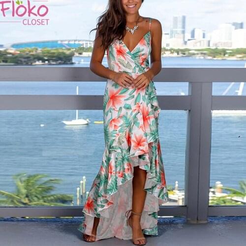 Flokocloset Sexy Floral Print Spaghetti Strap Maxi Dress Summer Boho V-Neck Sleeveless Party Beach Casual Trumpet Sundress