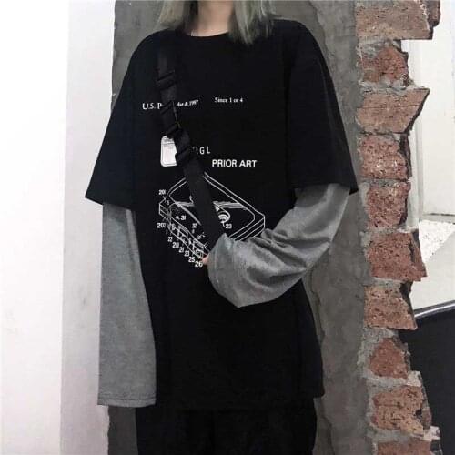 Harajuku Fake Two Piece T-Shirt women Hip Hop Streetwear Long Sleeve Printed Oversized Mens Tees Casual Loose O-Neck