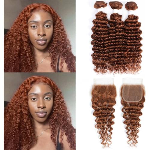 Deep Wave Human Hair Bundles With Closure 4x4 KEMY HAIR Brown Red Pre-Colored Brazilian Hair Weave Bundles With Closure Non-Remy
