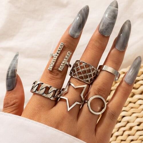 HuaTang 6pcs/set Vintage Silver Color Star Knuckle Rings Set for Women Geometric Thick Chains Midi Finger Rings Jewelry Anillos