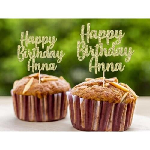 Custom any name happy birthday glitter Cupcake Toppers, personalize text glittery Gold baby shower wedding party Cupcake Toppers