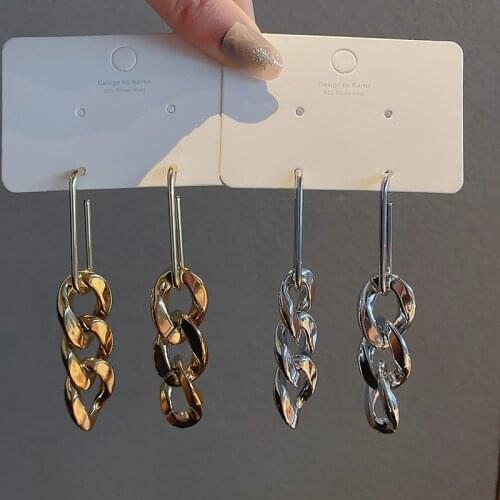Korea Cuba Bright Gold Color Exaggerated Metal Chain Drop Earrings Geometric Long Pendent Earring for Women Girls Jewelry Retro