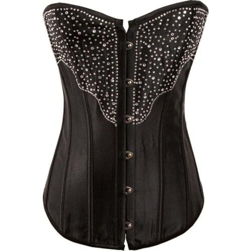 Black Beading Overbust Metal Buckle Corset S M L XL XXL Women Brand New rhinestones Bustier top + Thong Chest Binder Corselet