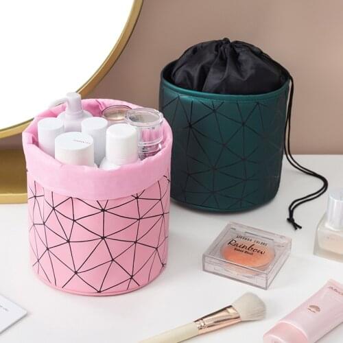 Barrel-shaped Cosmetics Women Large-capacity Makeup Bag PU Rhombic Drawstring Travel Organizer Box Cosmetic Bag Makeup Pouch