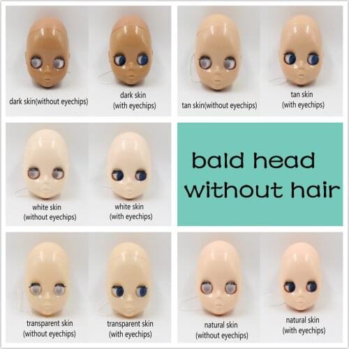 Blyth 1/6 Doll bald head with faceplace dome and scalp without hair white natural tan dark transparent skin with/no eyechips