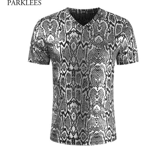 Sexy Snake Pattern Metallic Nightclub Tshirt for Men 2021 Fashion Slim Fit V Neck Party Prom Thirts Mens Hip Hop Stage Clothing