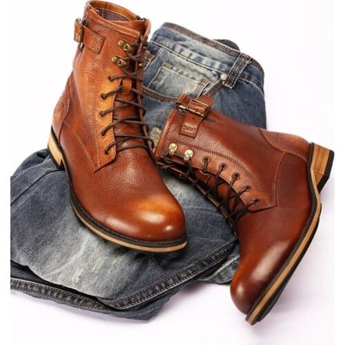 2020 Autumn Ankle Motorcycle Chelsea Boots Men Lace-up Mens Work Boots Handmade Luxury Genuine Leather Chelsea Boots Men botas